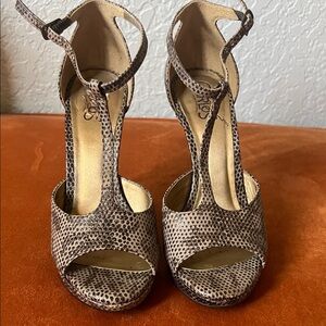Carlos Santana Brown Snake-Print T-Strap High Heels